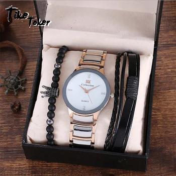 Tike Toker pánskej módy trend business elegantné Britský štýl oceľový pás quartz hodinky a Náramok Nastaviť