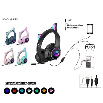 New Cute Cat Ucho Káblové Slúchadlá Zníženie Hluku Virtuálne Duálny Mikrofón 7.1 Kanálový LED Svetlo Gaming Headset Pre Prenosný Počítač Hráč