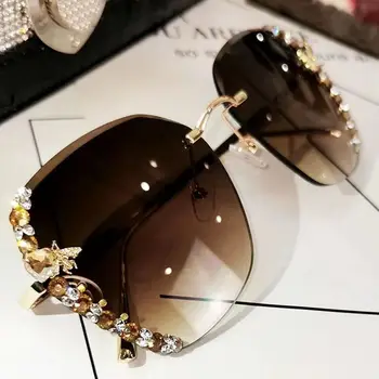 Kvalitné Luxusné Značky, Dizajn Slnečné Okuliare Ženy Móda Bee Drahokamu Slnečné Okuliare Bez Obrúčok Retro Okuliare Gafas De Sol Mujer