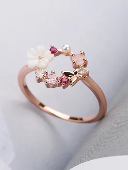 Móda Tvorivé Motýľ Kvety Crystal Prst Snubné Prstene Pre Ženy Rose Gold Zirkón Glamour Krúžok Šperky Dievča, Darček Bijoux