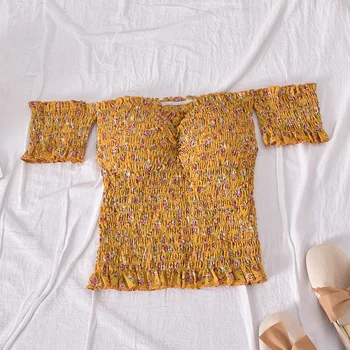 2021 Nové Letné Vintage Blúzky Kvetinový Topy Tričko Ženy Krátke Rukávy Sexy Lomka Krku Vláknitý Selvedge Kórejský Blúzka Dievča Krátke