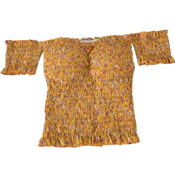 2021 Nové Letné Vintage Blúzky Kvetinový Topy Tričko Ženy Krátke Rukávy Sexy Lomka Krku Vláknitý Selvedge Kórejský Blúzka Dievča Krátke