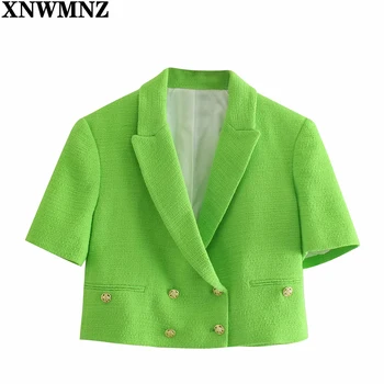 XNWMNZ Ženy top Zelená Módne textúrou ostrihané sako Žena klope golier, krátky rukáv double-breasted sako kabát Elegantné topy