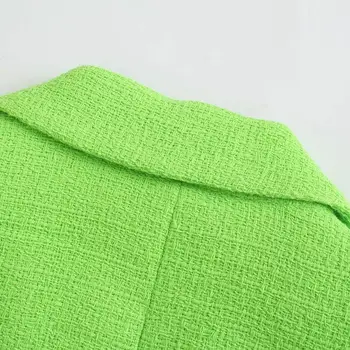 XNWMNZ Ženy top Zelená Módne textúrou ostrihané sako Žena klope golier, krátky rukáv double-breasted sako kabát Elegantné topy