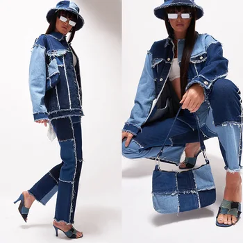 Streetwear Ženy Vintage Šitie Bežné Nastaviť Pre Farby Zodpovedajúce Vysoké Strede Zúžený Džínsy A Hip Hop Priateľ Voľné Denim Jacket