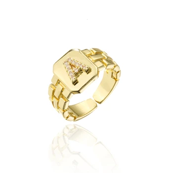 2021 Nové Módne Zlatá Farba Počiatočnej Krúžok Otvorený Dizajn Nastaviteľné Hot Predaj Watchband Reťazca 26 A-Z Listu CZ Prstene Pre Ženy, Dievča