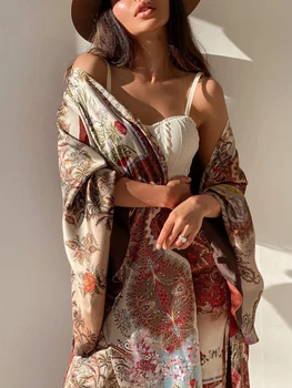 SLMD Vintage Elegantný Kontrast Farieb Patchwork Tlač Kimono Oblečenie S Oknami Ženy 2021 za Letné Módy Elegantný Tenký Kabát