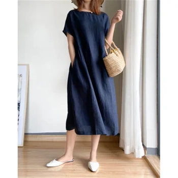 Bavlnená posteľná Bielizeň Farbou Plus Veľkosť Šaty Žien Lete 2021 Nové Voľné Mid-dĺžka Sukne Ženy Vintage Šaty Veľké Tričko Šaty