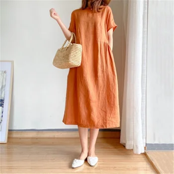 Bavlnená posteľná Bielizeň Farbou Plus Veľkosť Šaty Žien Lete 2021 Nové Voľné Mid-dĺžka Sukne Ženy Vintage Šaty Veľké Tričko Šaty