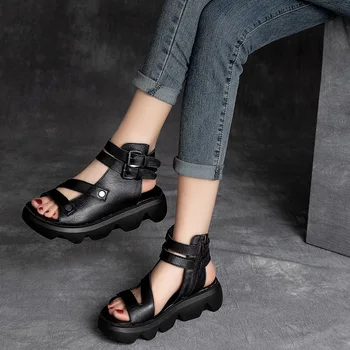 Ženy Kožené Sandále Čierne Príležitostné Letné Topánky Pre Ženy Originálne Kožené Vysoké Podpätky Klin Ženy Sandále Retro Shoes2021