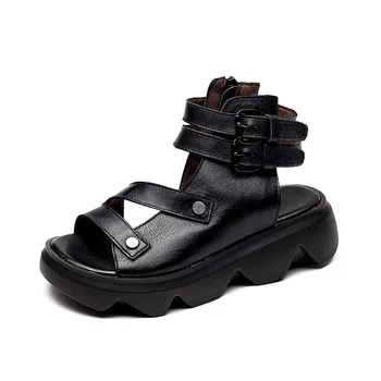 Ženy Kožené Sandále Čierne Príležitostné Letné Topánky Pre Ženy Originálne Kožené Vysoké Podpätky Klin Ženy Sandále Retro Shoes2021