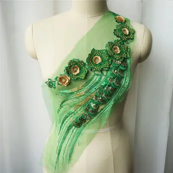 Zelený Kvet Čipky Textílie Sequin Strapec Vyšívané Šaty Appliques Golier Oka Šiť Patch Pre Svadobné Dekorácie Šaty urob si sám