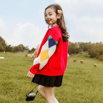 Dievčenské pletený sveter sveter na jeseň roku 2021 nový kórejský 3-15 rokov, deti dievča škole štýl Vrecku bundy