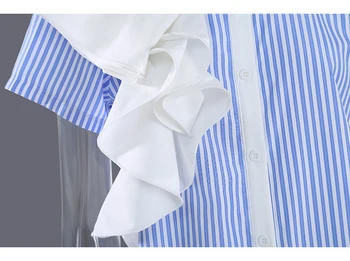 [EAM] Ženy Modré Pruhované Veľká Veľkosť Prehrabať Blúzka Nové Klope Krátky Rukáv Voľné Nosenie Tričko Fashion Príliv Jar Leto 2021 1DD7392
