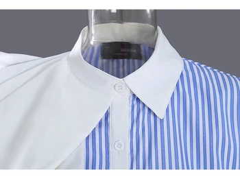 [EAM] Ženy Modré Pruhované Veľká Veľkosť Prehrabať Blúzka Nové Klope Krátky Rukáv Voľné Nosenie Tričko Fashion Príliv Jar Leto 2021 1DD7392