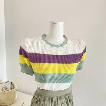 Harajuku Štýl Topy Slim Fit 2021 Nové Rainbow Pruhované Pletených T Shirt Ženy Lístkového Rukáv Dizajnér Letné Tee Tričko Femme
