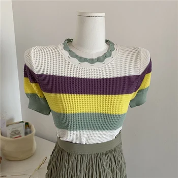 Harajuku Štýl Topy Slim Fit 2021 Nové Rainbow Pruhované Pletených T Shirt Ženy Lístkového Rukáv Dizajnér Letné Tee Tričko Femme