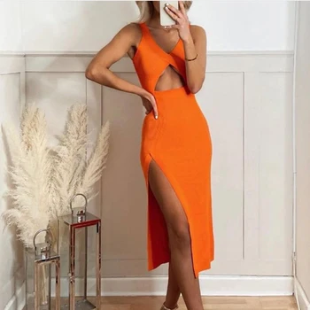 Štýlové Elegantné Predné Duté Z Orange Midi Šaty Žien 2021 Módneho Tvaru Strane Split Popruh Ženské Šaty Elegantné Vestidos