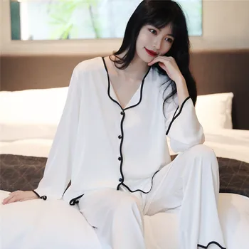 Dámske Pyžamo Nastaviť V Krku Dizajn Luxusné Kríž List Tlač Sleepwear Hodváb Ako Domáce Oblečenie pre ženy, XXL Veľkosť Odev