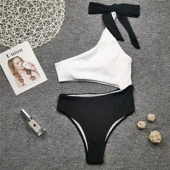 Biela Čierna Sexy Jedného Pleca Jednodielne Plavky Ženy Luk Uzol High Cut Out, Plavky Plávať Pláž Nosiť Plavky 2021 Lete